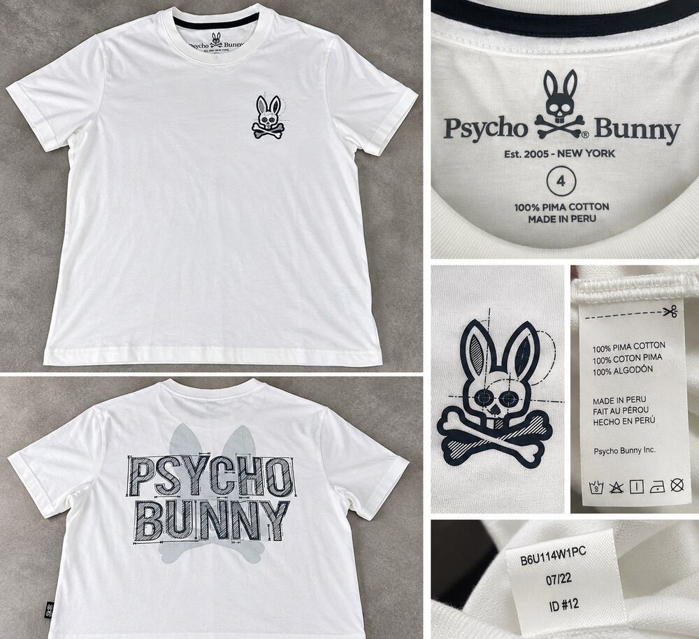 Psycho Bunny Men’s White Pima Cotton Graphic Logo bunny, skull Tee US medium